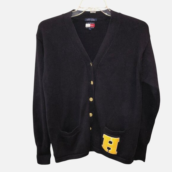 Tommy Hilfiger Mens Medium Black Cardigan Chenille Letter Sweater Size M - Picture 1 of 8